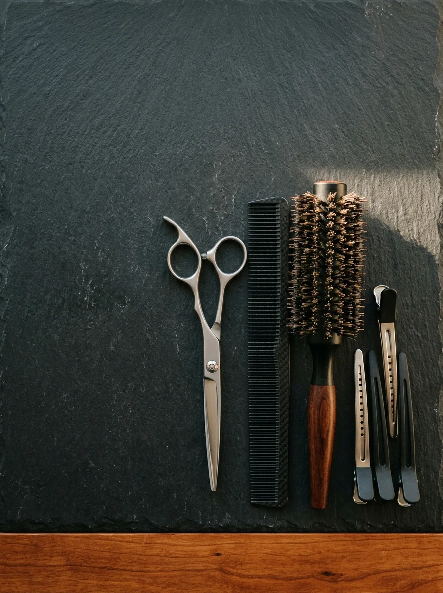 Flatlay mit Friseurschere, Kamm, Rundbürste und Abteilklammern auf dunklem Schiefer